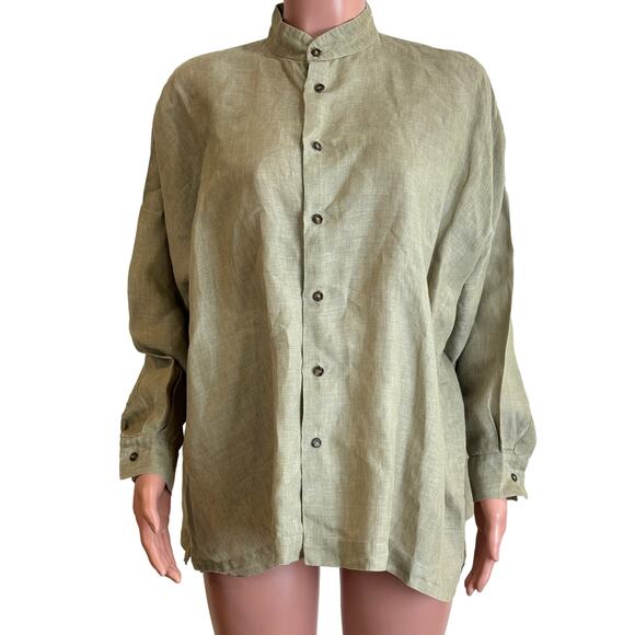 Eskandar Shirt Sz 0 Oatmeal Linen Mandarin Stand Collar Longer Back Blouse Top - Picture 1 of 11